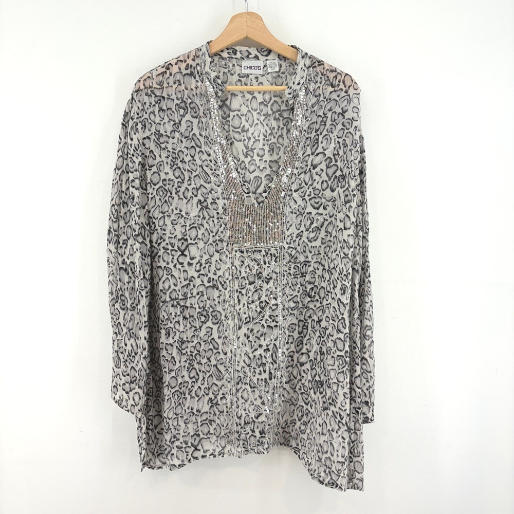 Chicos Silk Leopard Animal Print Sequin Tunic Shirt Sheer Flowy XL 16 Boho Chic
